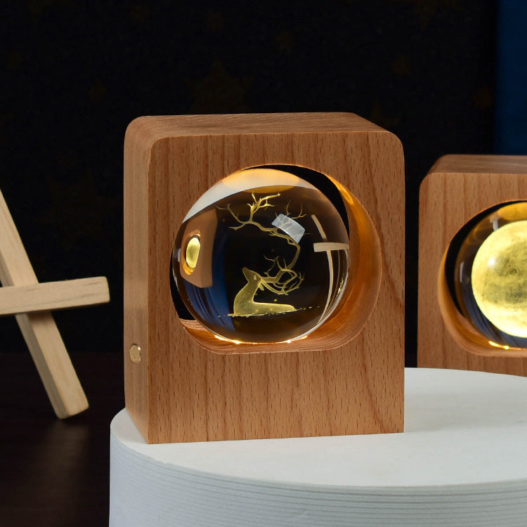 Beech Crystal Ball Night Light 3D Laser Engraving Elk Jellyfish LED Nightlights - Beech Crystal Ball Night Light 3D Laser Engraving Elk Jellyfish LED Nightlights