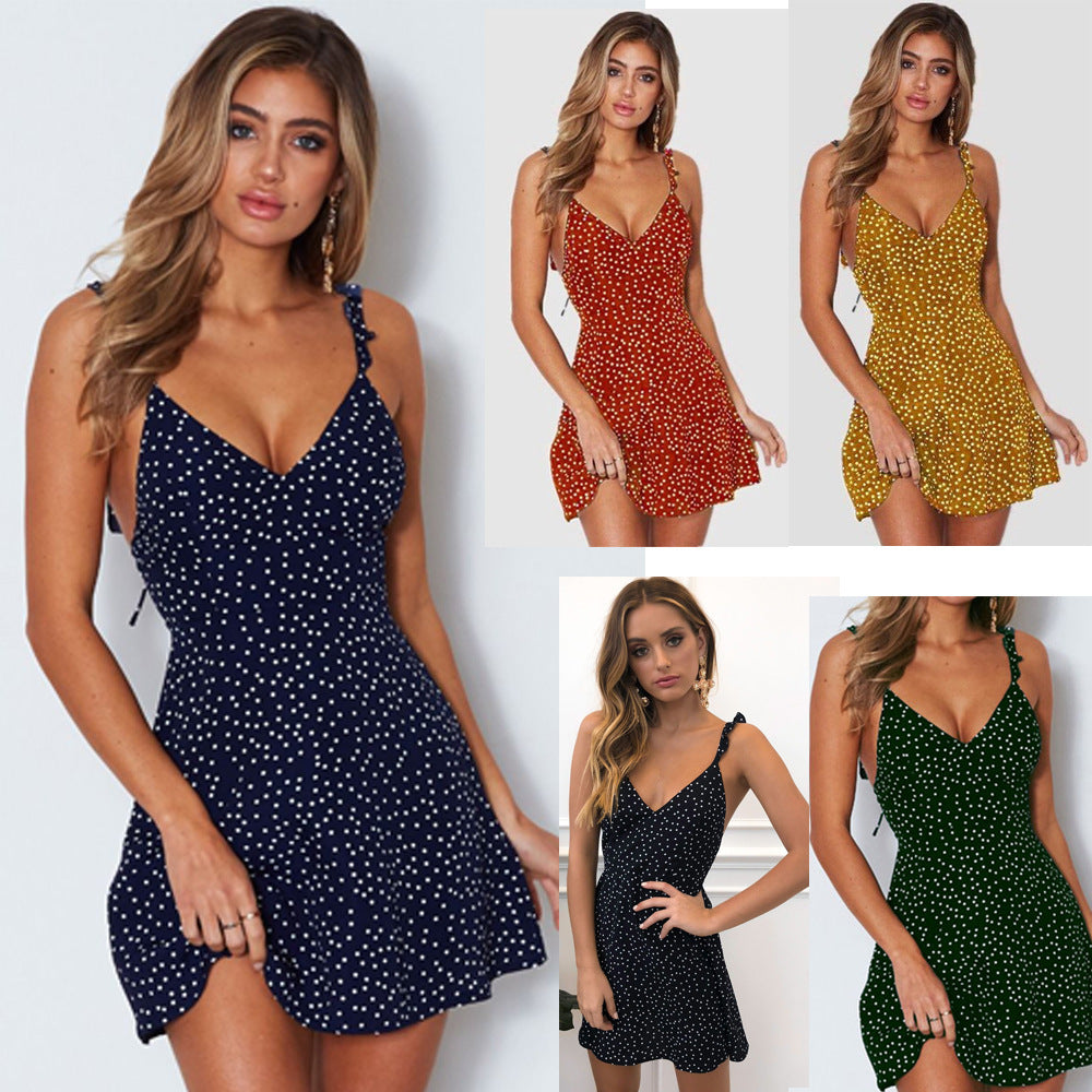 Polka-dot Strappy Dress Women Summer Fashion Beach Sundress - Polka-dot Strappy Dress Women Summer Fashion Beach Sundress