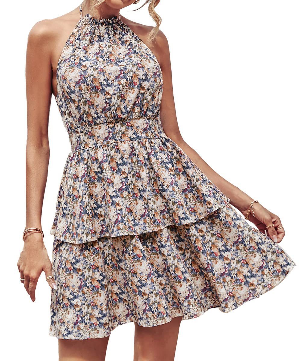Summer Printed Halter Dress Fashion Boho Backless Ruffled A-Line Beach Dresses For Womens Clothing - Summer Printed Halter Dress Fashion Boho Backless Ruffled A-Line Beach Dresses For Womens Clothing