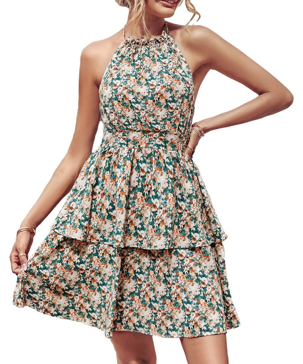 Summer Printed Halter Dress Fashion Boho Backless Ruffled A-Line Beach Dresses For Womens Clothing - Summer Printed Halter Dress Fashion Boho Backless Ruffled A-Line Beach Dresses For Womens Clothing