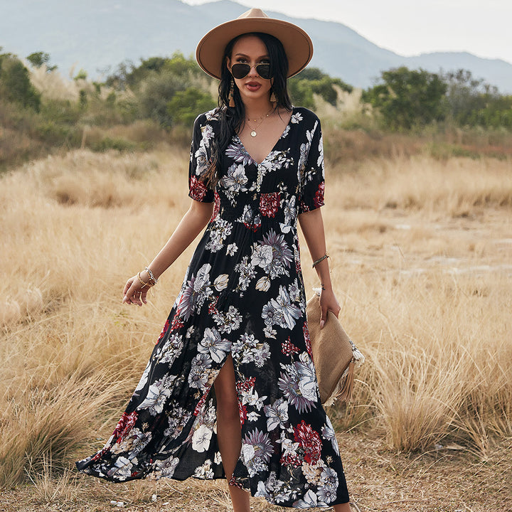 Women's Floral V-Neck Beach Dress – Elastic Waist Summer Maxi Dress with Lightweight Fabric