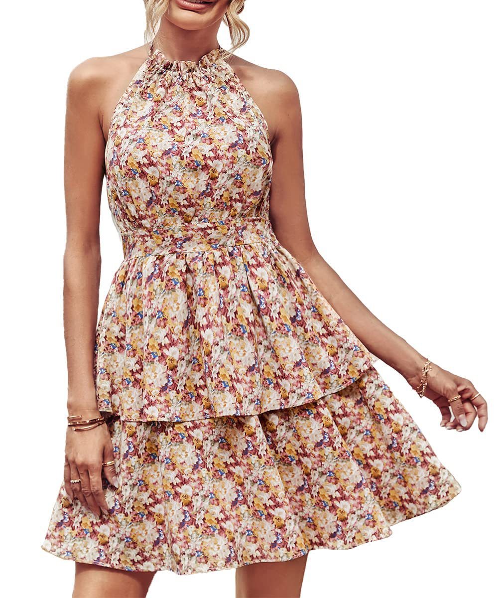 Summer Printed Halter Dress Fashion Boho Backless Ruffled A-Line Beach Dresses For Womens Clothing - Summer Printed Halter Dress Fashion Boho Backless Ruffled A-Line Beach Dresses For Womens Clothing