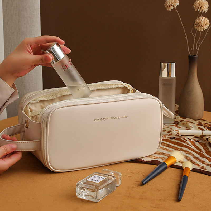 Travel-friendly Multi-layer PU Leather High-Quality Cosmetic Makeup Bag - High-capacity 3-layer cosmetic makeup bag with U-shaped design and double zipper
