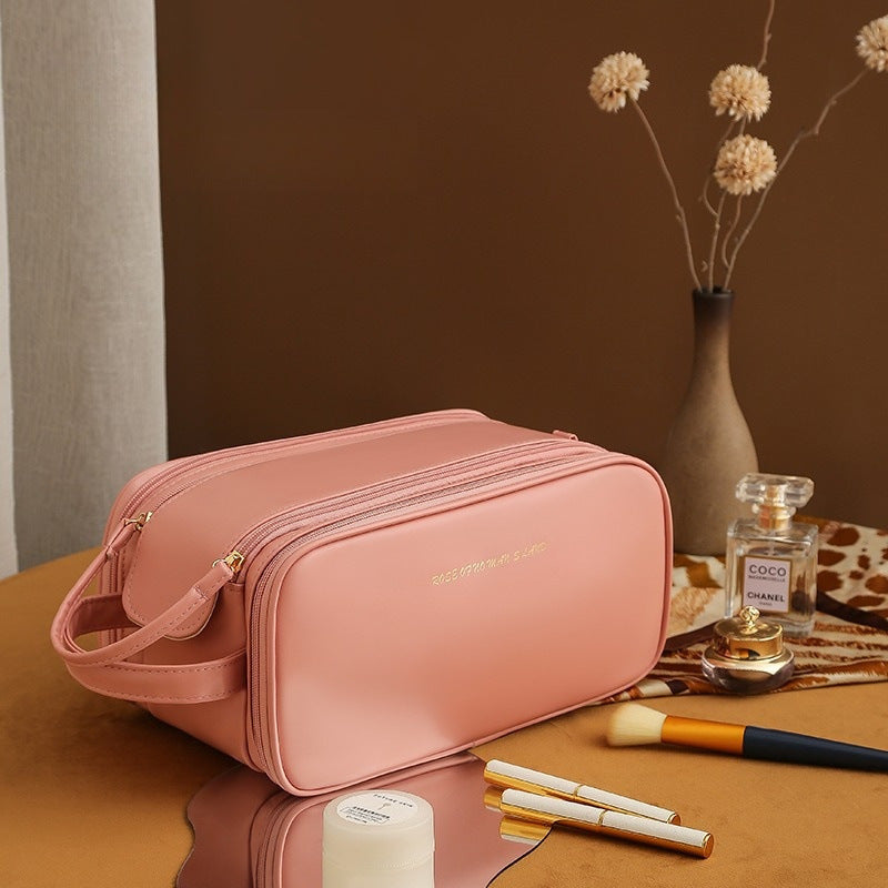 Travel-friendly Multi-layer PU Leather High-Quality Cosmetic Makeup Bag - High-capacity 3-layer cosmetic makeup bag with U-shaped design and double zipper