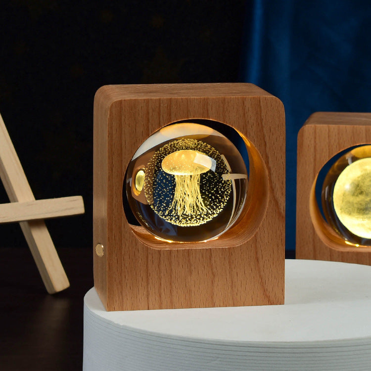 Beech Crystal Ball Night Light 3D Laser Engraving Elk Jellyfish LED Nightlights - Beech Crystal Ball Night Light 3D Laser Engraving Elk Jellyfish LED Nightlights