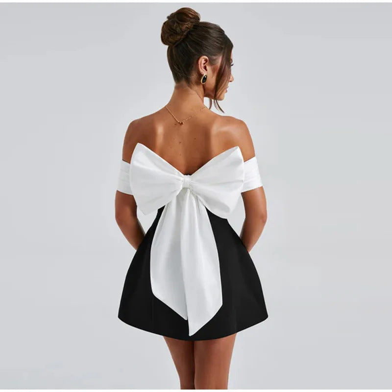 Elegant Off Shoulder Bow Tie Mini Dress - Elegant Off Shoulder Bow Tie Mini Dress