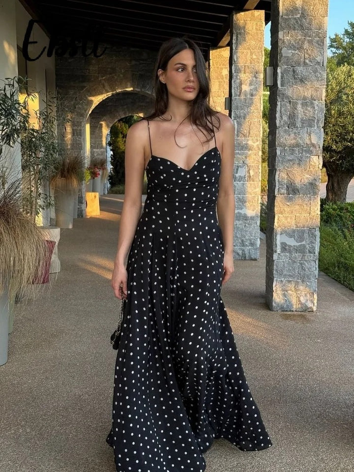 Dot Print Strapless Long Dress Women Retro V-neck Sleeveless Backless High Waist Dresses