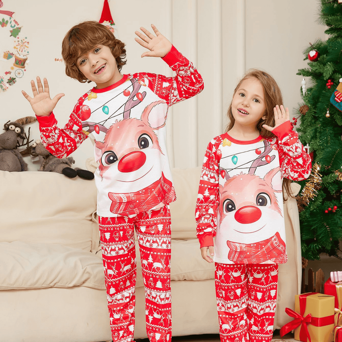 Matching Family Pajamas Set - Red Cartoon & Animal Print Cotton PJs - Matching Family Pajamas Set - Red Cartoon & Animal Print Cotton PJs