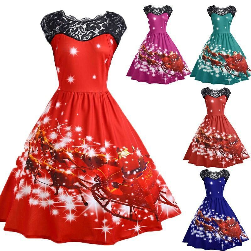 Christmas Lace Print Fashion Dress - Christmas Lace Print Fashion Dress