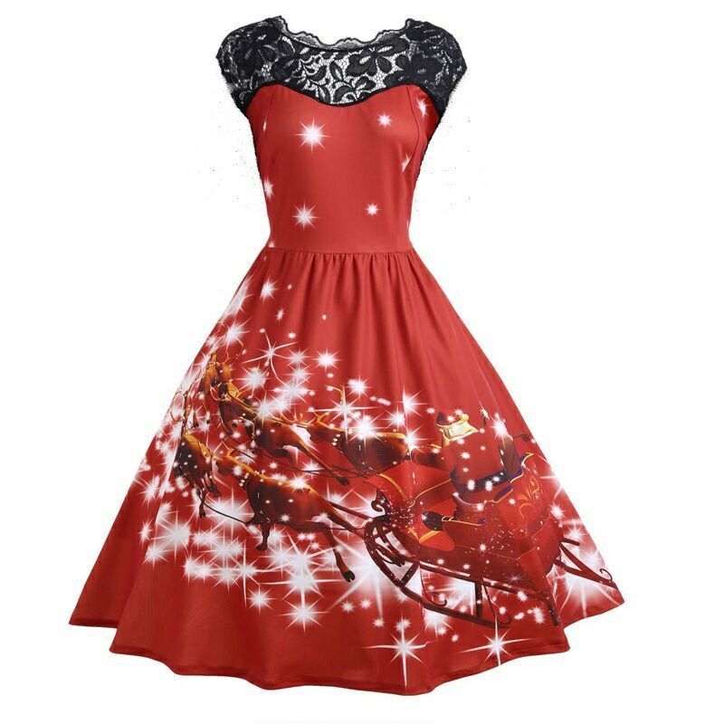 Christmas Lace Print Fashion Dress - Christmas Lace Print Fashion Dress