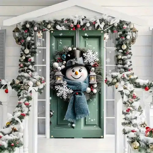 Christmas Porch Decorated with Snowman and Lanterns, Wreath Door Banner - Charming Snowman Door Banner