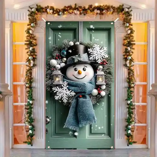 Christmas Porch Decorated with Snowman and Lanterns, Wreath Door Banner - Charming Snowman Door Banner