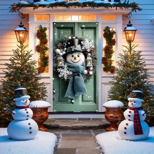 Christmas Porch Decorated with Snowman and Lanterns, Wreath Door Banner - Charming Snowman Door Banner