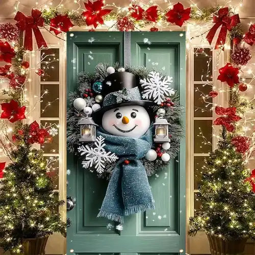 Christmas Porch Decorated with Snowman and Lanterns, Wreath Door Banner - Charming Snowman Door Banner