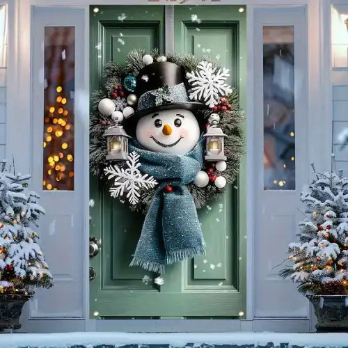 Christmas Porch Decorated with Snowman and Lanterns, Wreath Door Banner - Charming Snowman Door Banner