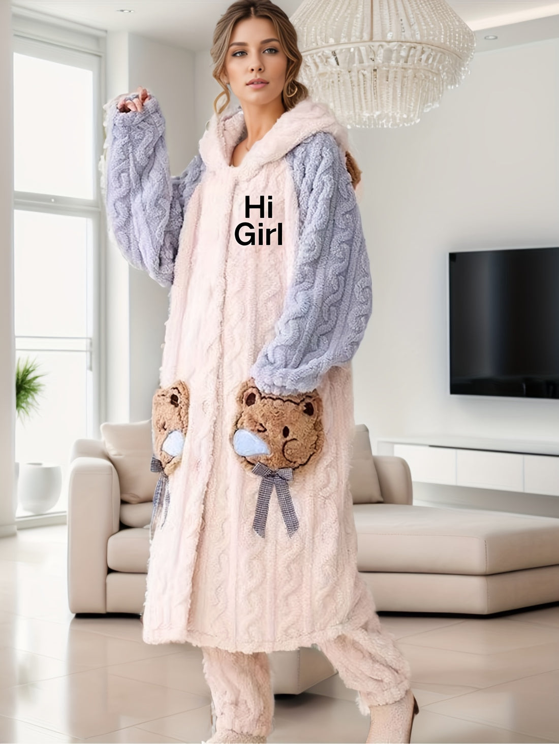 Cartoon Bear Plush Hooded Night Robe - Cartoon Bear Plush Hooded Night Robe