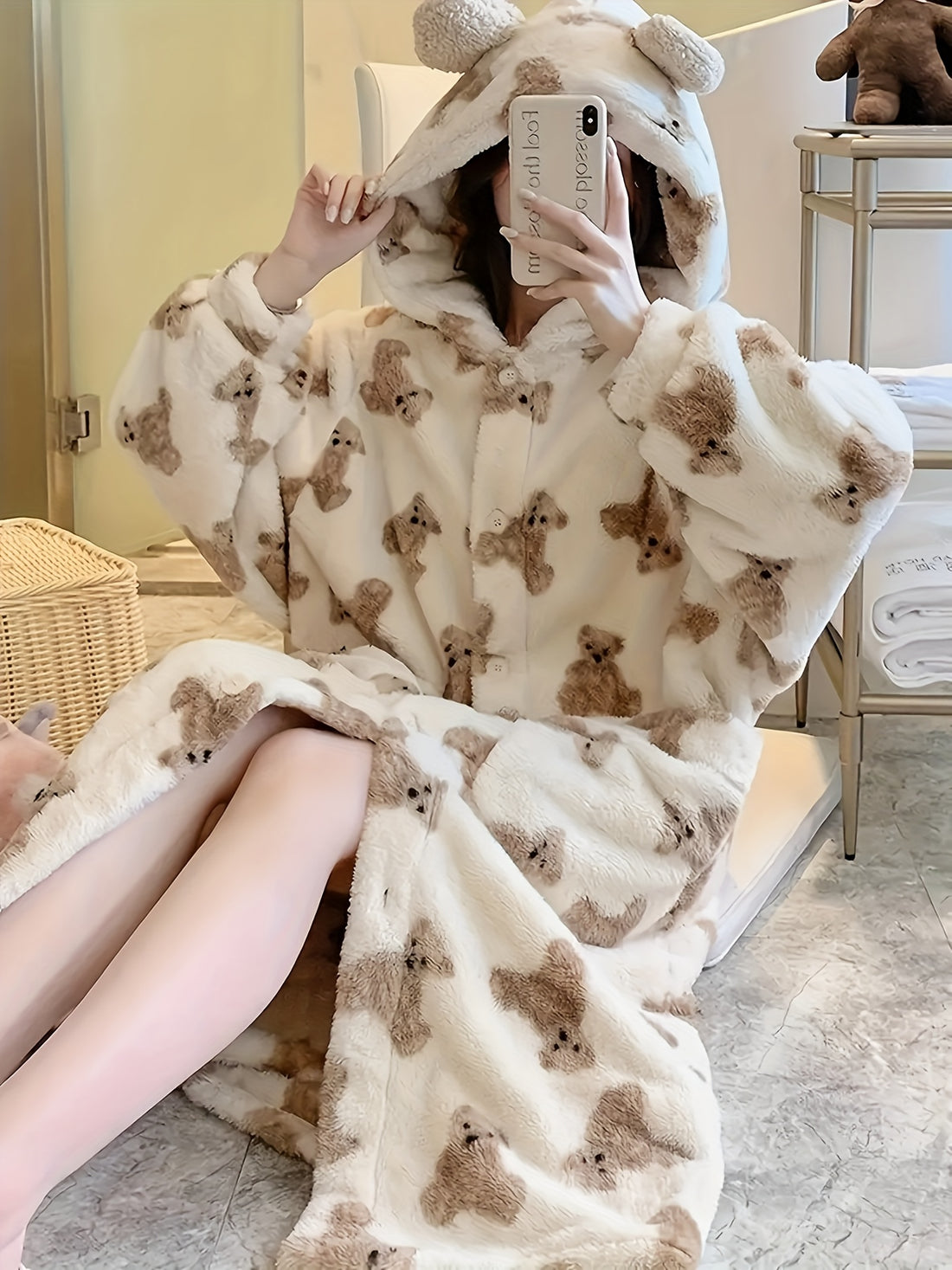 Women's Cozy Bear Hooded Pajama Robe - Women's Cozy Bear Hooded Pajama Robe