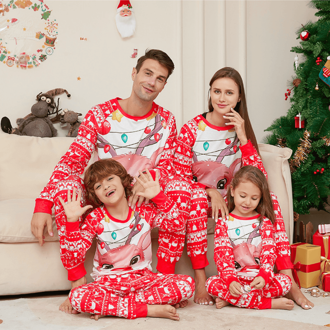 Matching Family Pajamas Set - Red Cartoon & Animal Print Cotton PJs - Matching Family Pajamas Set - Red Cartoon & Animal Print Cotton PJs