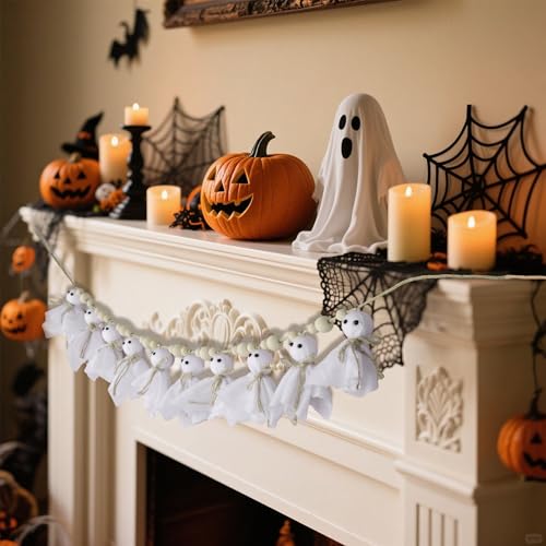 7Ft Halloween Ghost Garland with Wooden Beads - 7Ft Halloween Ghost Garland with Wooden Beads