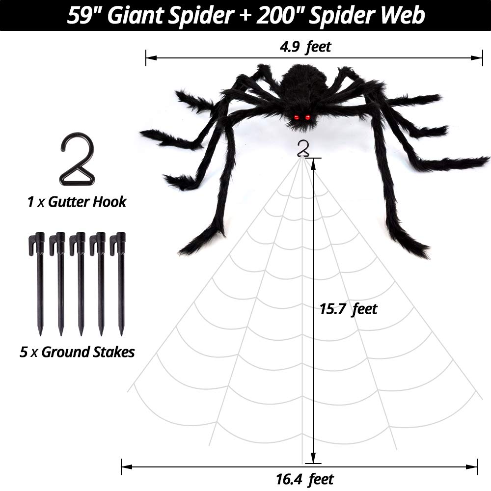 '200' Spider Web with 59' Giant Spider – Halloween Outdoor/Indoor Decor for Yard - '200' Spider Web with 59' Giant Spider – Halloween Outdoor/Indoor Decor for Yard