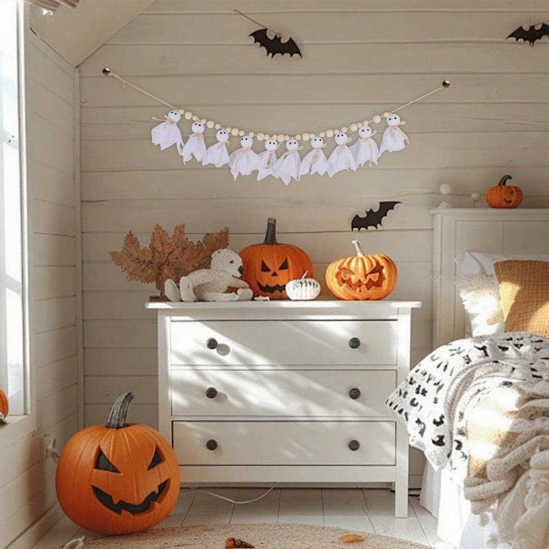 7Ft Halloween Ghost Garland with Wooden Beads - 7Ft Halloween Ghost Garland with Wooden Beads