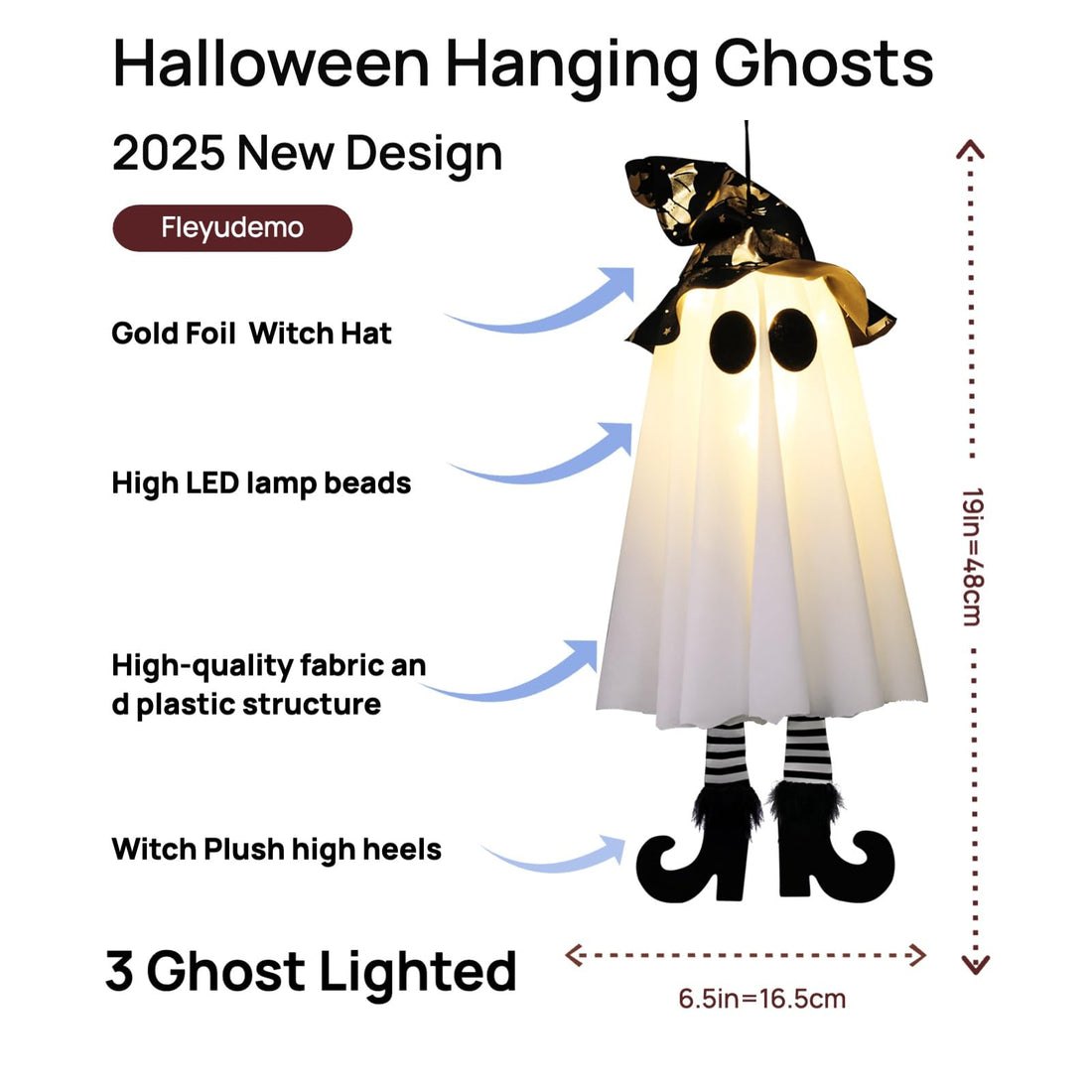 3-Pack Light-Up Hanging Halloween Ghosts with Witch Hats - 3-Pack Light-Up Hanging Halloween Ghosts with Witch Hats
