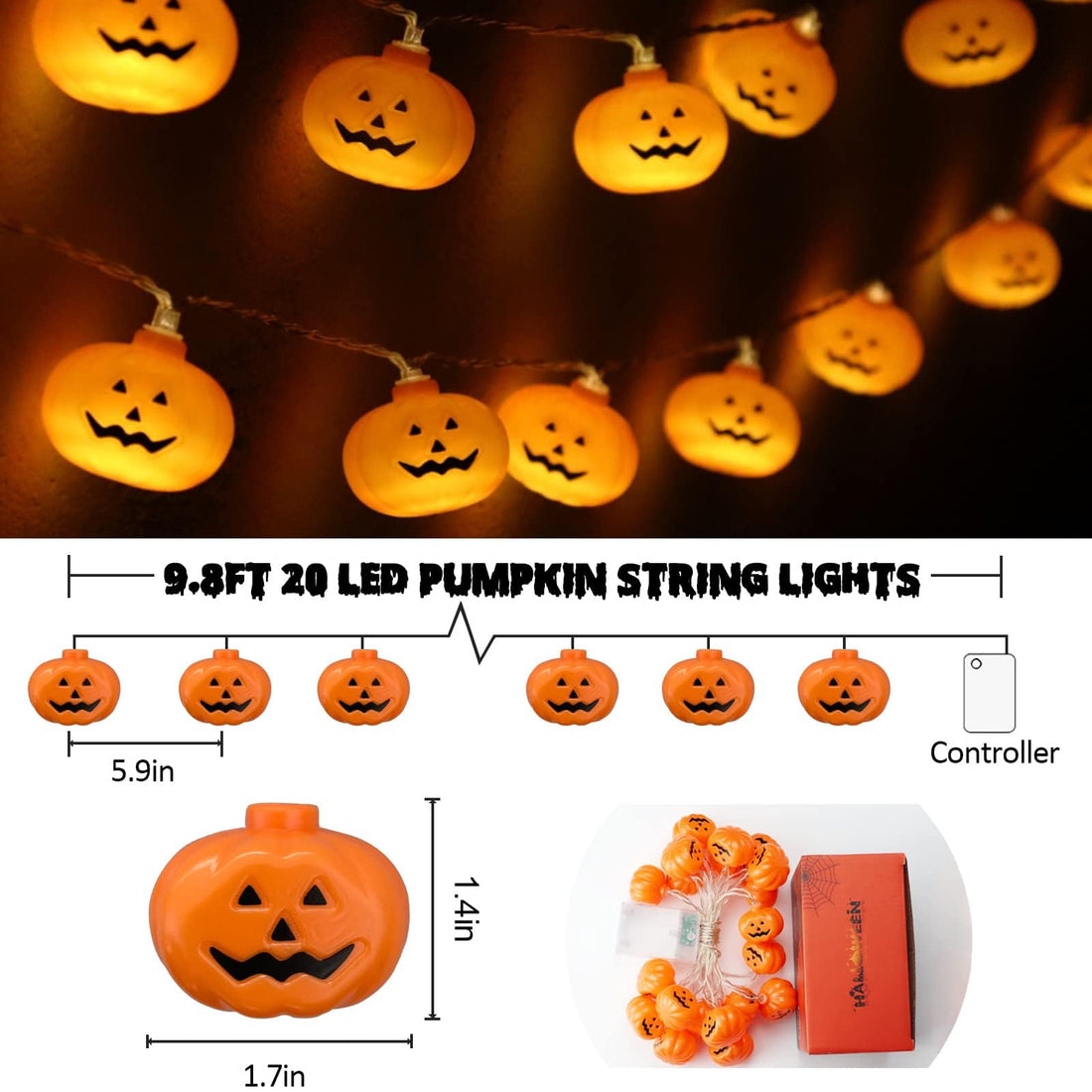 20 LED Runleo Halloween Decorations Pumpkin String Lights - 20 LED Runleo Halloween Decorations Pumpkin String Lights