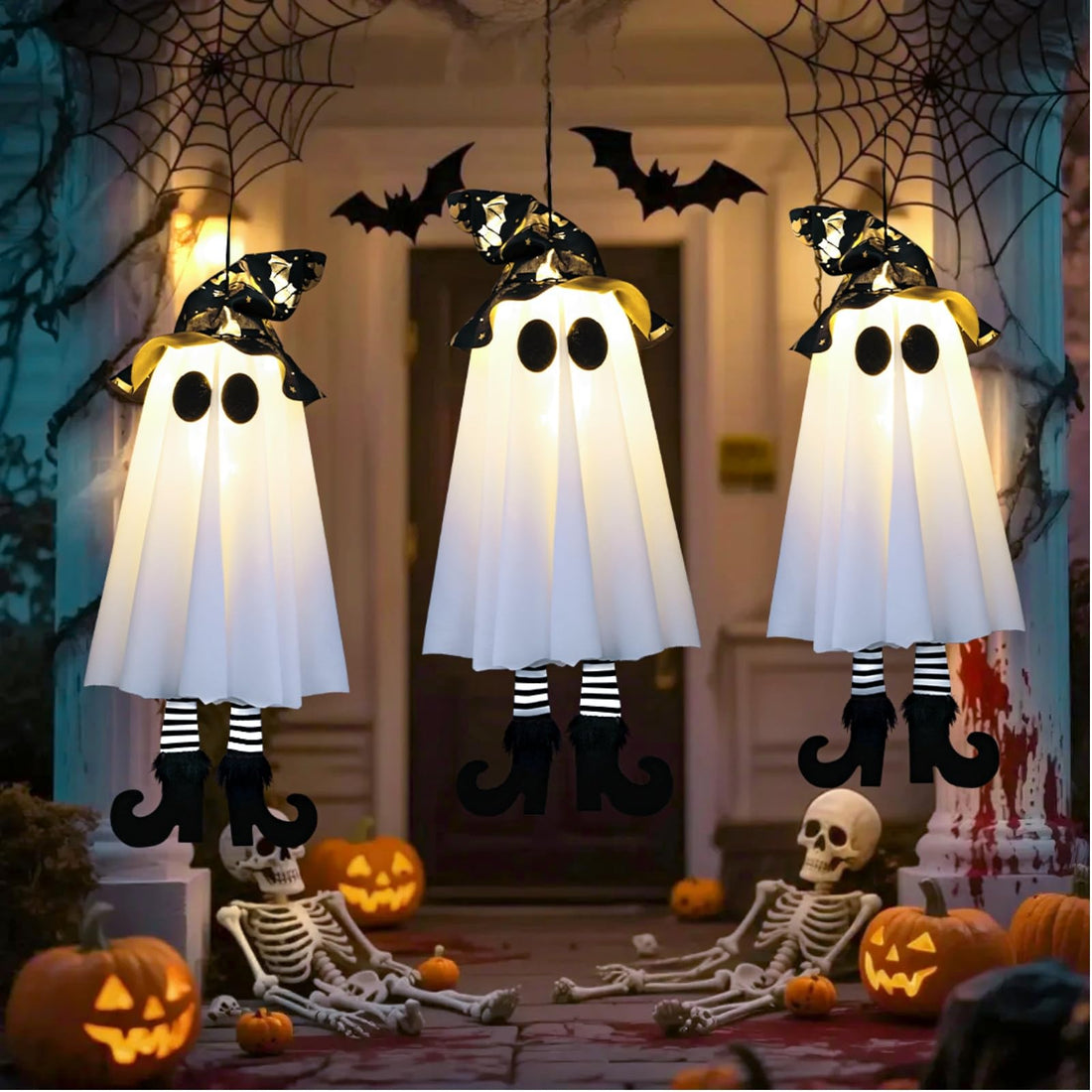 3-Pack Light-Up Hanging Halloween Ghosts with Witch Hats - 3-Pack Light-Up Hanging Halloween Ghosts with Witch Hats