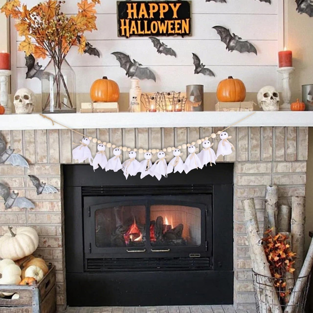 7Ft Halloween Ghost Garland with Wooden Beads - 7Ft Halloween Ghost Garland with Wooden Beads