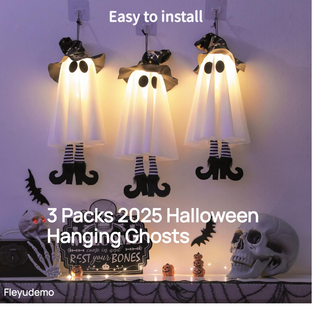 3-Pack Light-Up Hanging Halloween Ghosts with Witch Hats - 3-Pack Light-Up Hanging Halloween Ghosts with Witch Hats