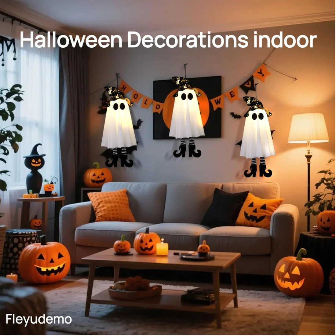 3-Pack Light-Up Hanging Halloween Ghosts with Witch Hats - 3-Pack Light-Up Hanging Halloween Ghosts with Witch Hats