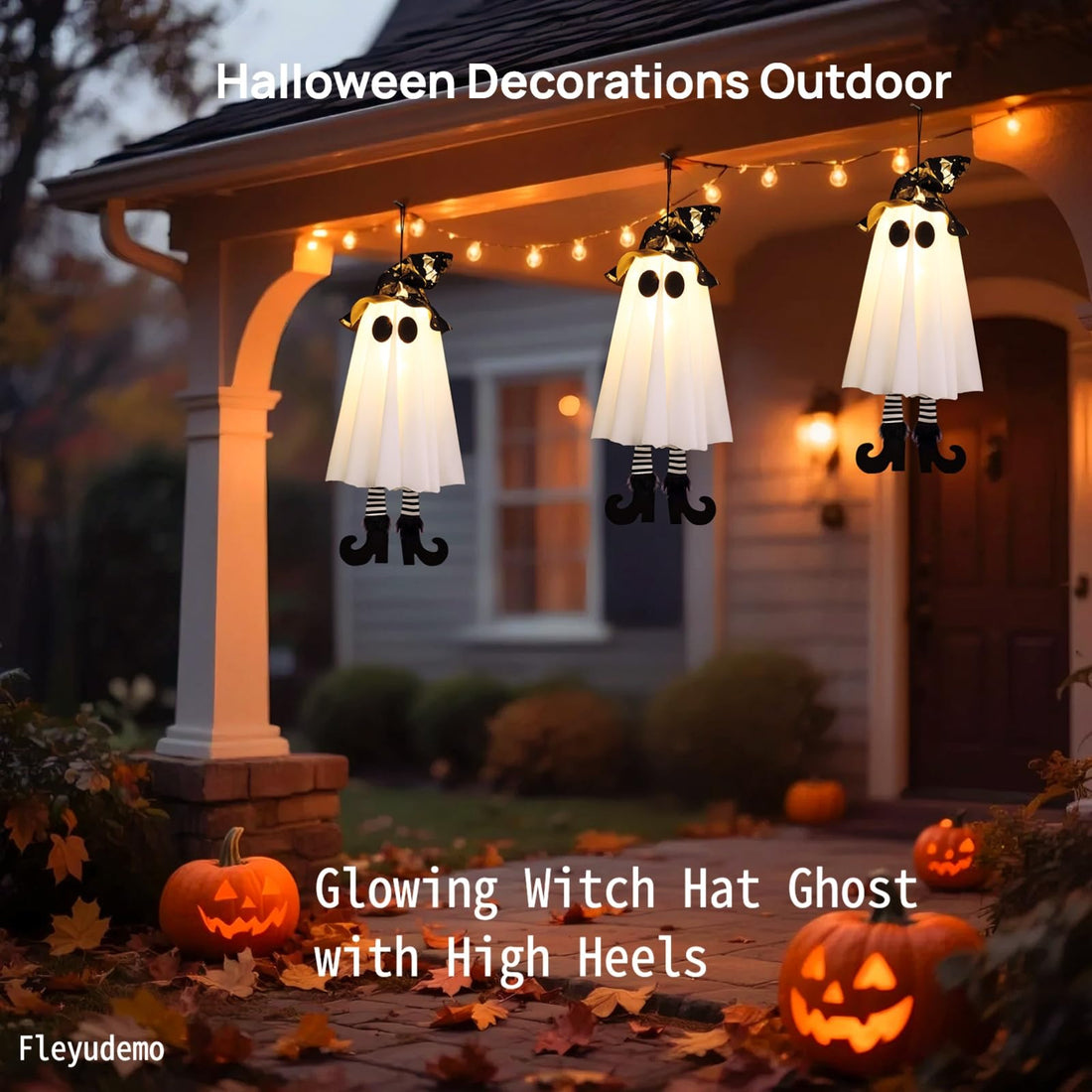 3-Pack Light-Up Hanging Halloween Ghosts with Witch Hats - 3-Pack Light-Up Hanging Halloween Ghosts with Witch Hats