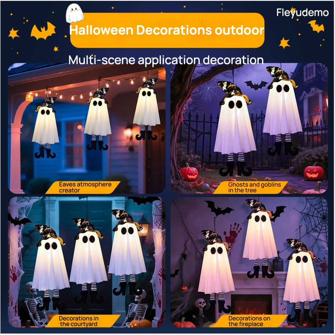 3-Pack Light-Up Hanging Halloween Ghosts with Witch Hats - 3-Pack Light-Up Hanging Halloween Ghosts with Witch Hats