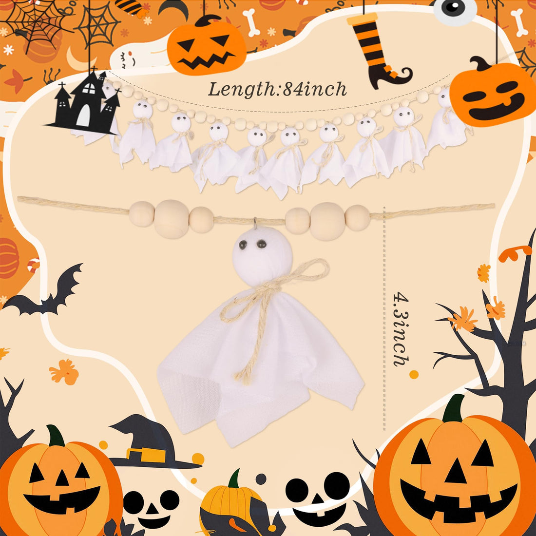 7Ft Halloween Ghost Garland with Wooden Beads - 7Ft Halloween Ghost Garland with Wooden Beads