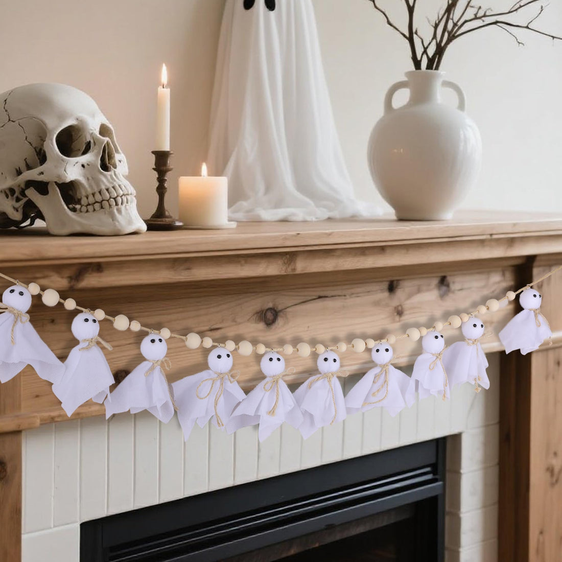 7Ft Halloween Ghost Garland with Wooden Beads - 7Ft Halloween Ghost Garland with Wooden Beads