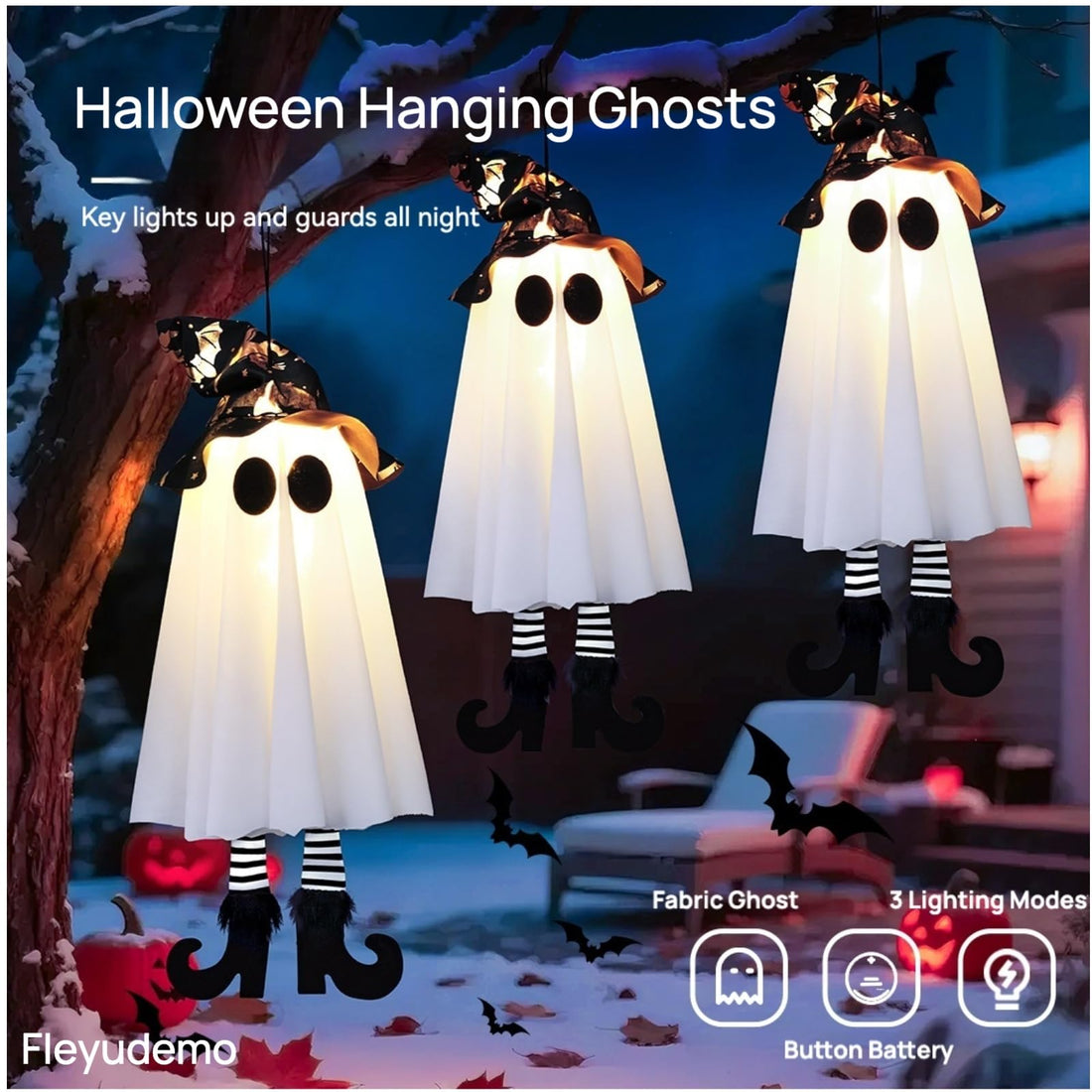 3-Pack Light-Up Hanging Halloween Ghosts with Witch Hats - 3-Pack Light-Up Hanging Halloween Ghosts with Witch Hats