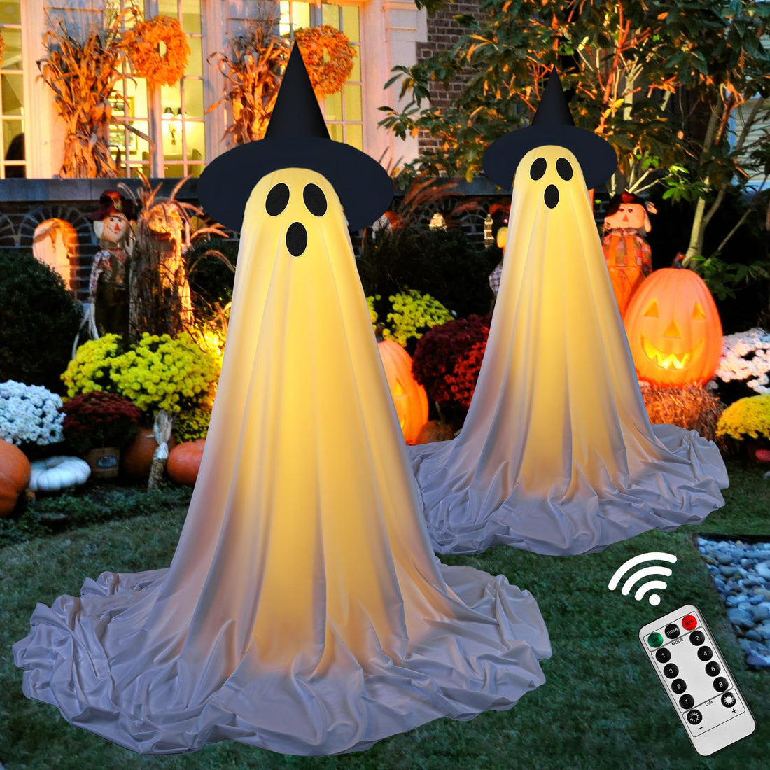 2-Pack Halloween Ghost Decorations with Remote-Controlled String Lights - 2-Pack Halloween Ghost Decorations with Remote-Controlled String Lights