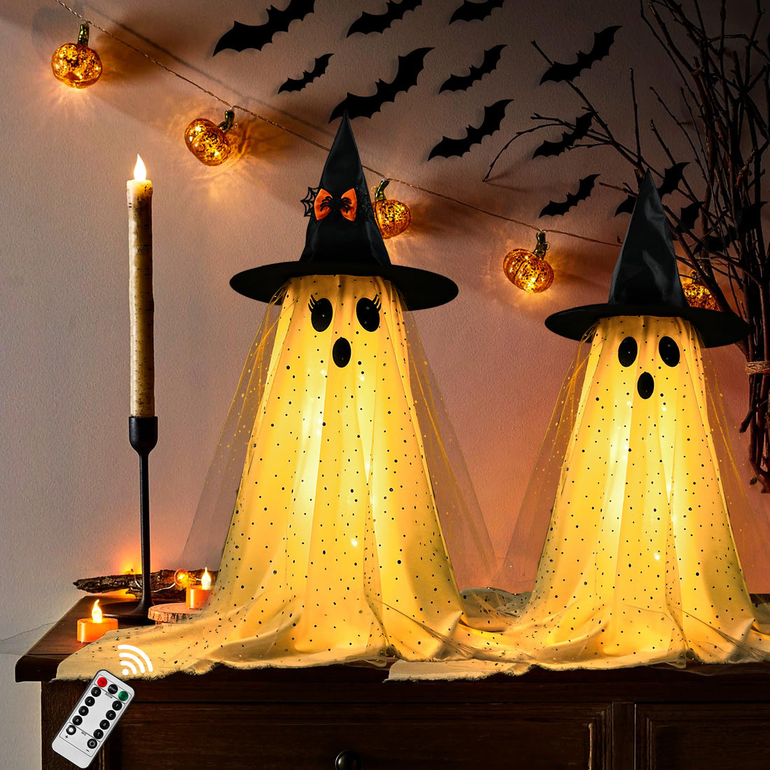 2-Pack Halloween Ghost Decorations with Remote-Controlled String Lights - 2-Pack Halloween Ghost Decorations with Remote-Controlled String Lights