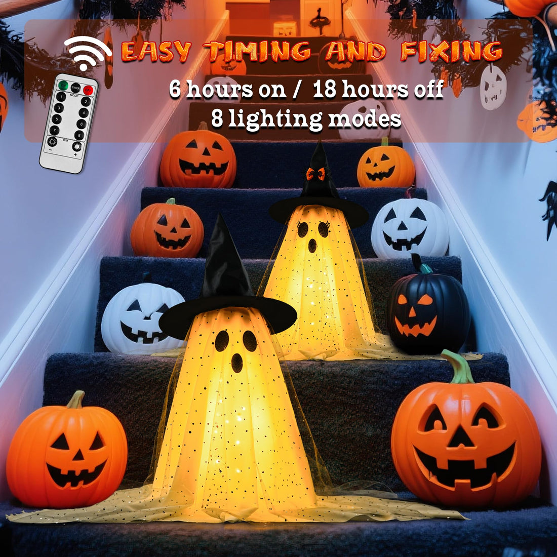 2-Pack Halloween Ghost Decorations with Remote-Controlled String Lights - 2-Pack Halloween Ghost Decorations with Remote-Controlled String Lights