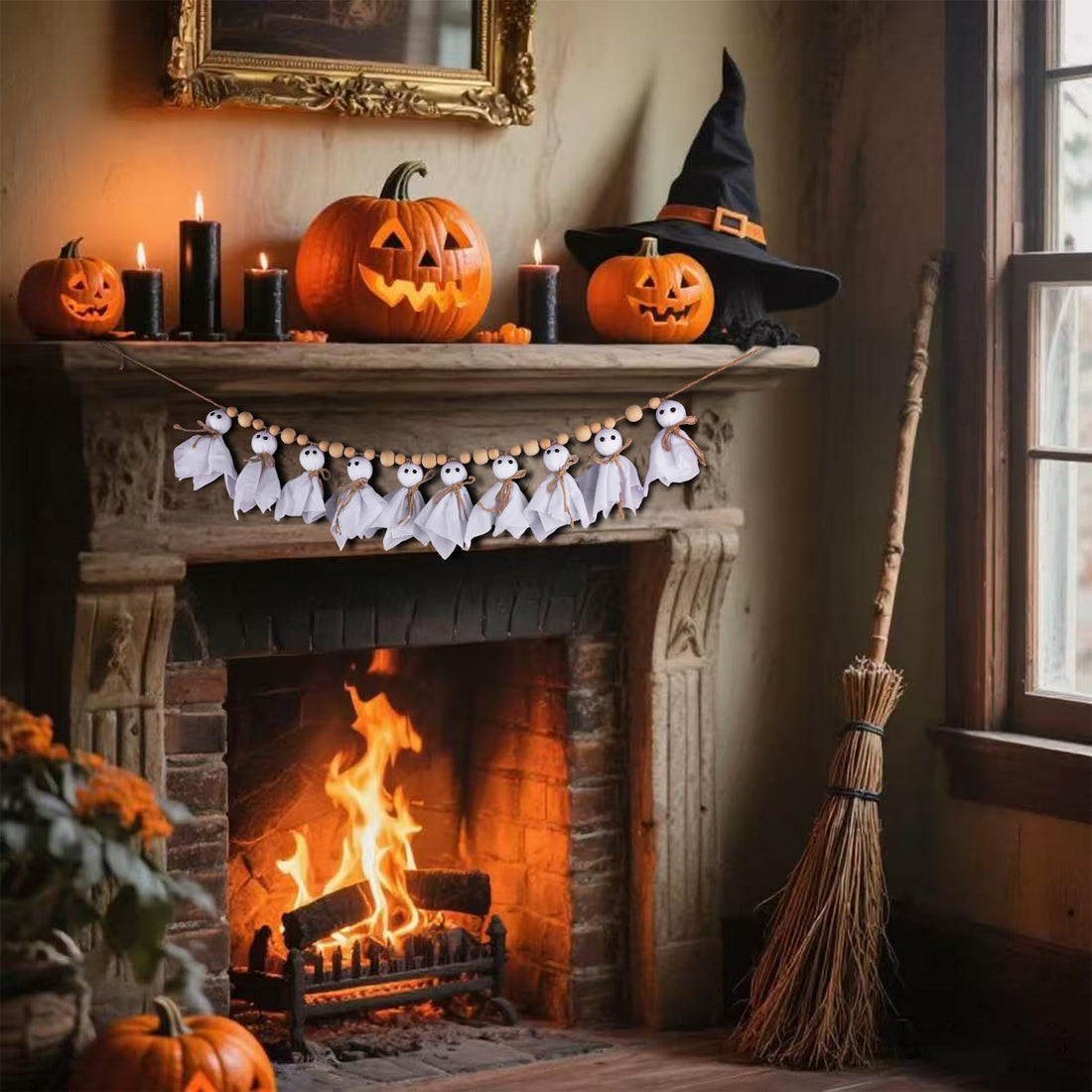 7Ft Halloween Ghost Garland with Wooden Beads - 7Ft Halloween Ghost Garland with Wooden Beads