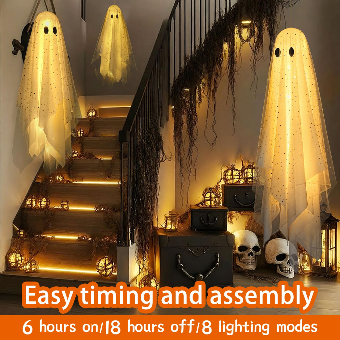2-Pack Halloween Ghost Decorations with Remote-Controlled String Lights - 2-Pack Halloween Ghost Decorations with Remote-Controlled String Lights