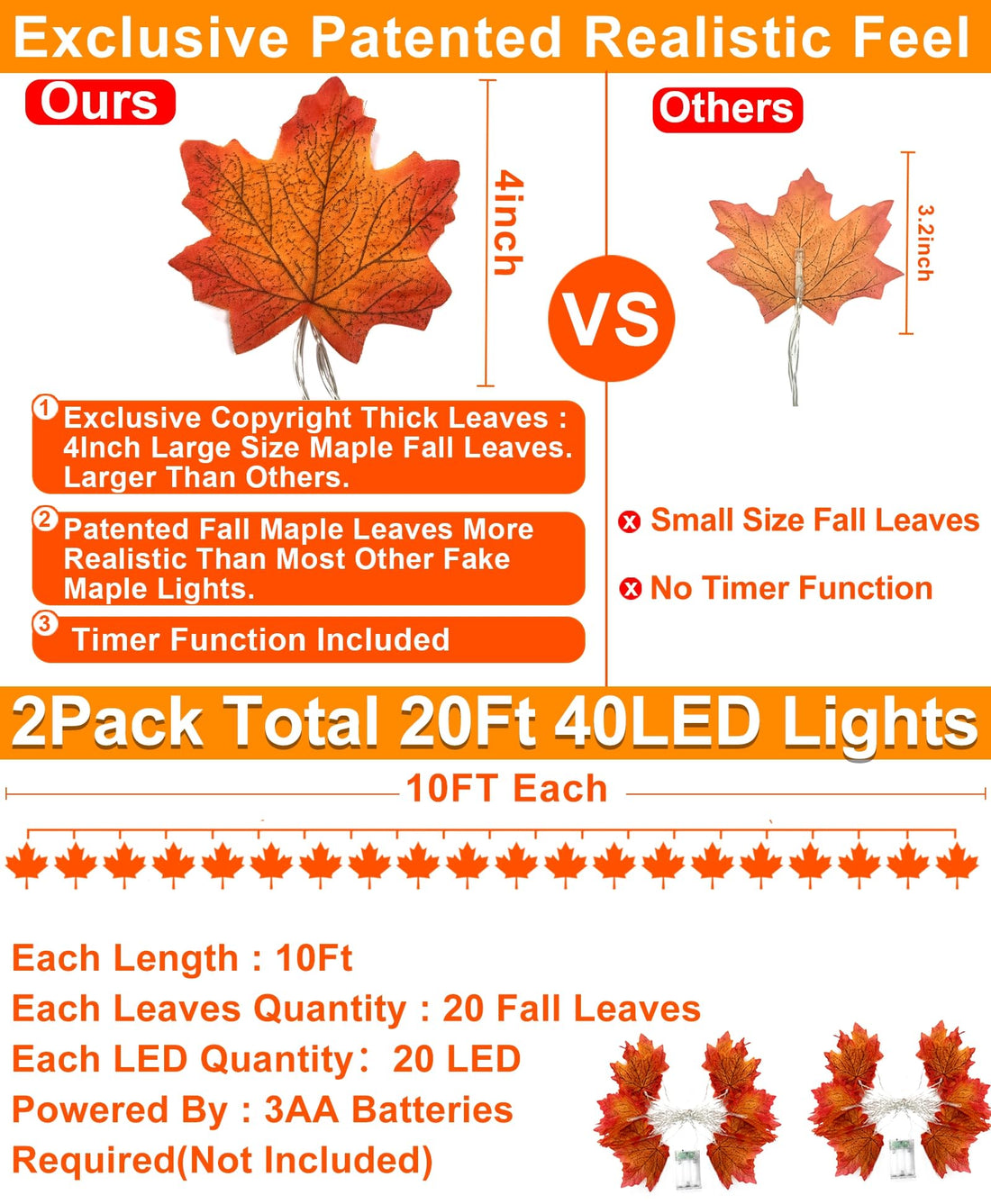 TURNMEON 2-Pack 20ft Maple Leaf LED String Lights - TURNMEON 2-Pack 20ft Maple Leaf LED String Lights