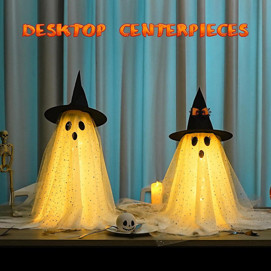 2-Pack Halloween Ghost Decorations with Remote-Controlled String Lights - 2-Pack Halloween Ghost Decorations with Remote-Controlled String Lights
