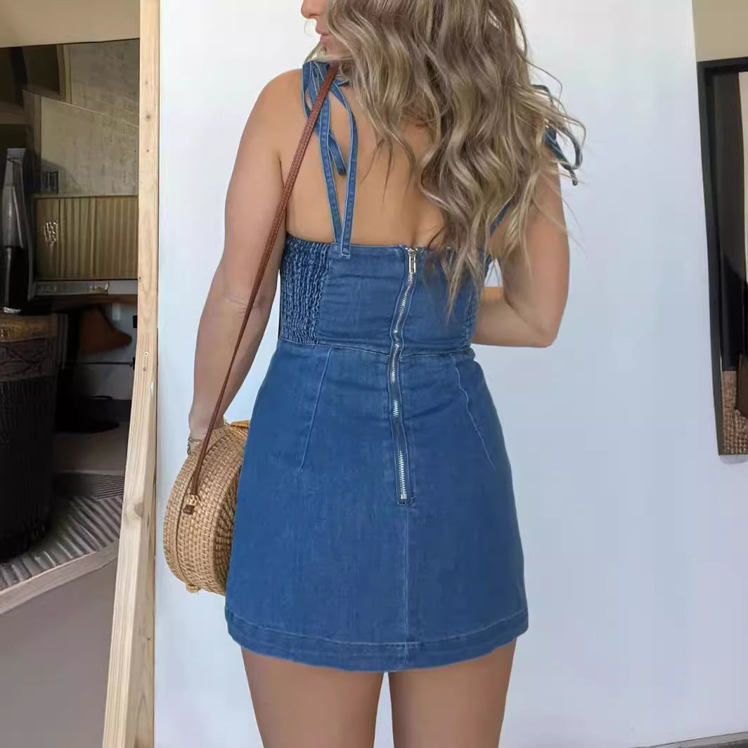Women's Square Neck Suspender Denim Dress – Summer Split Hem Short Dress with Back Zipper - Women's Square Neck Suspender Denim Dress – Summer Split Hem Short Dress with Back Zipper