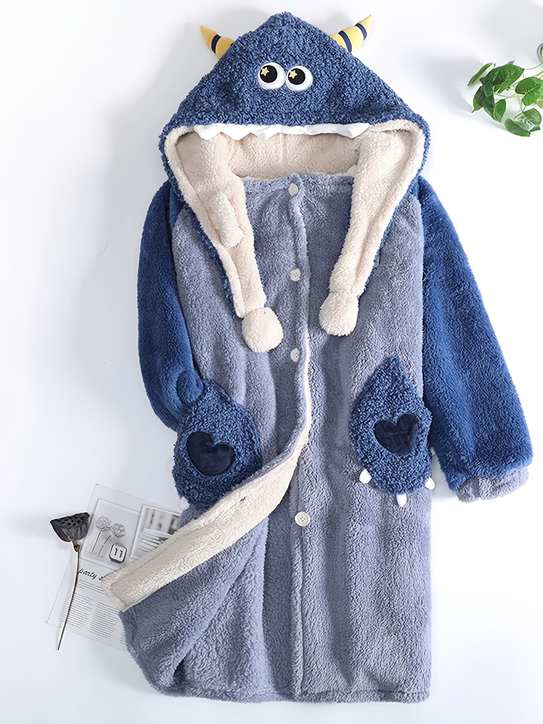 Fuzzy Cartoon Hooded Night Robe with Pockets - Fuzzy Cartoon Hooded Night Robe with Pockets