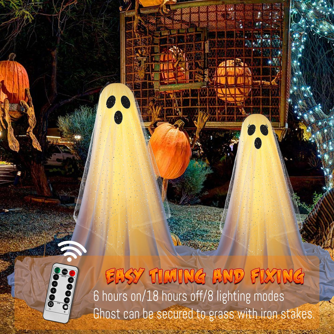 2-Pack Halloween Ghost Decorations with Remote-Controlled String Lights - 2-Pack Halloween Ghost Decorations with Remote-Controlled String Lights