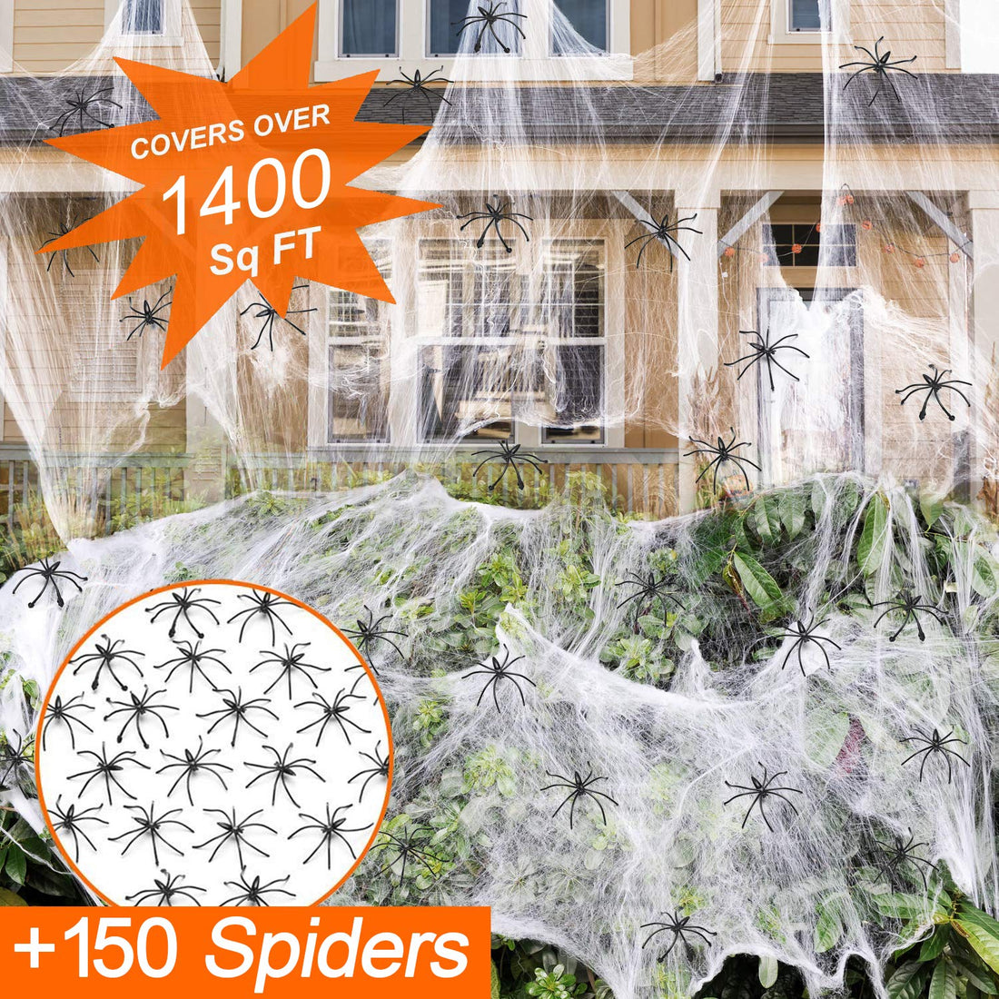 1400 Sqft Halloween Spider Web with 150 Fake Spiders - 1400 Sqft Halloween Spider Web with 150 Fake Spiders