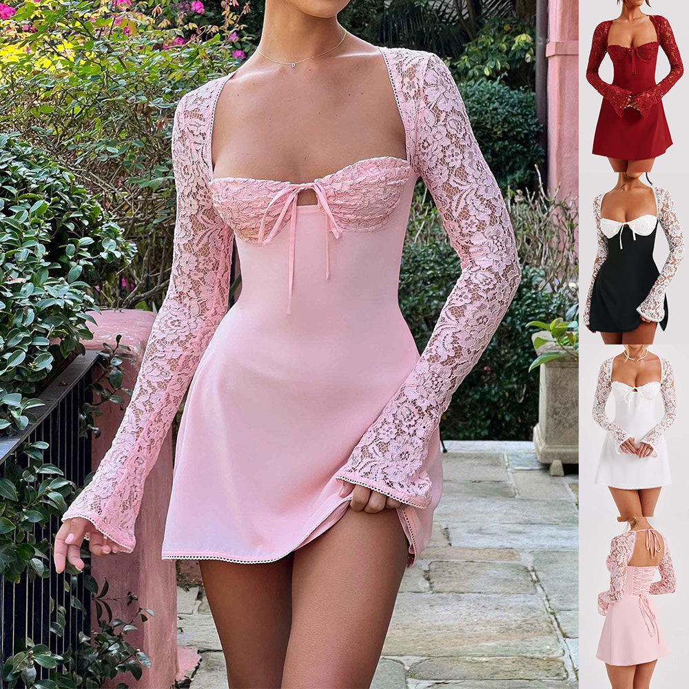 Women's Corset Lace-Up Y2K Dress – Long Sleeve Backless Mini Dress for Retro Evening Wear - Women's Corset Lace-Up Y2K Dress – Long Sleeve Backless Mini Dress for Retro Evening Wear