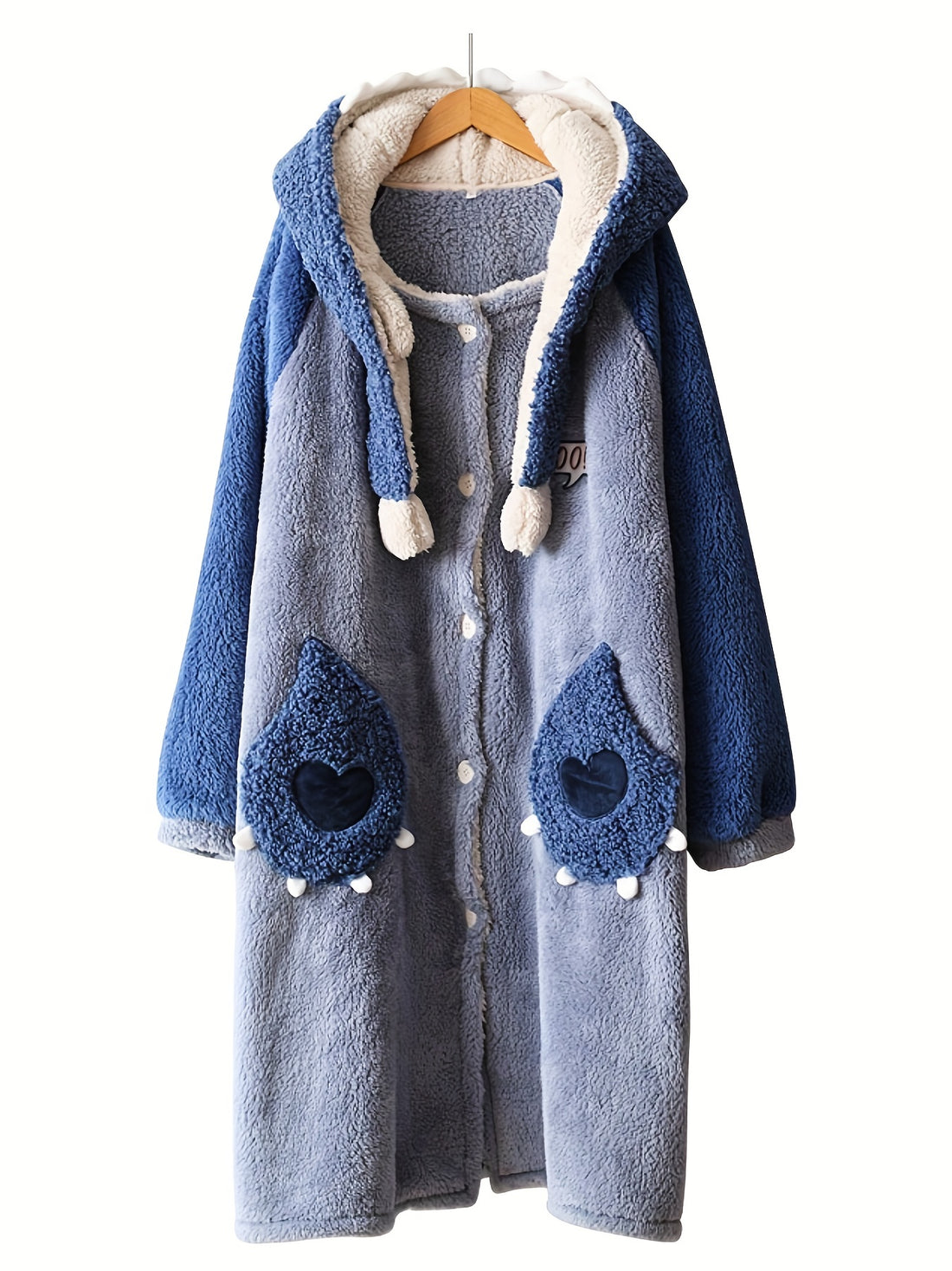 Fuzzy Cartoon Hooded Night Robe with Pockets - Fuzzy Cartoon Hooded Night Robe with Pockets