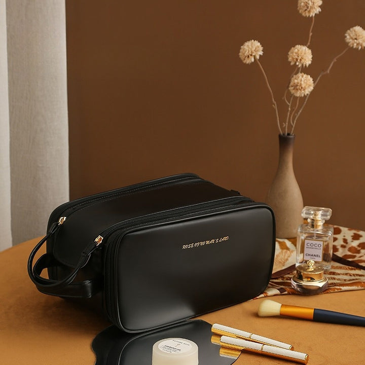 High-capacity 3-layer cosmetic makeup bag with U-shaped design and double zipper
